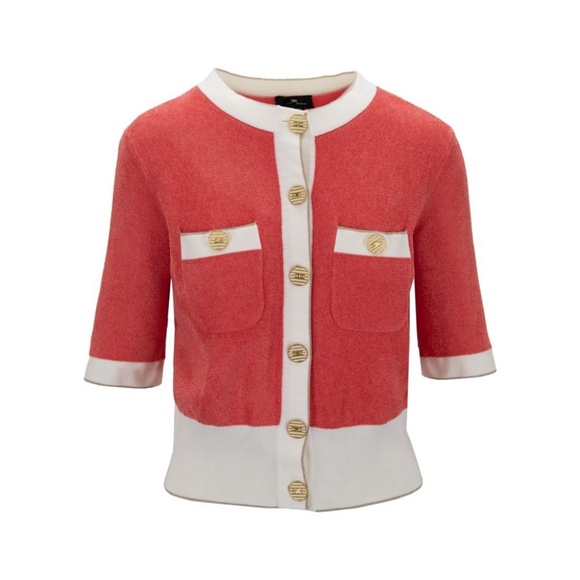 NWT Elisabetta Franchi Pink Terry Chest Pockets Short Sleeve Cardigan XS ( FR 38